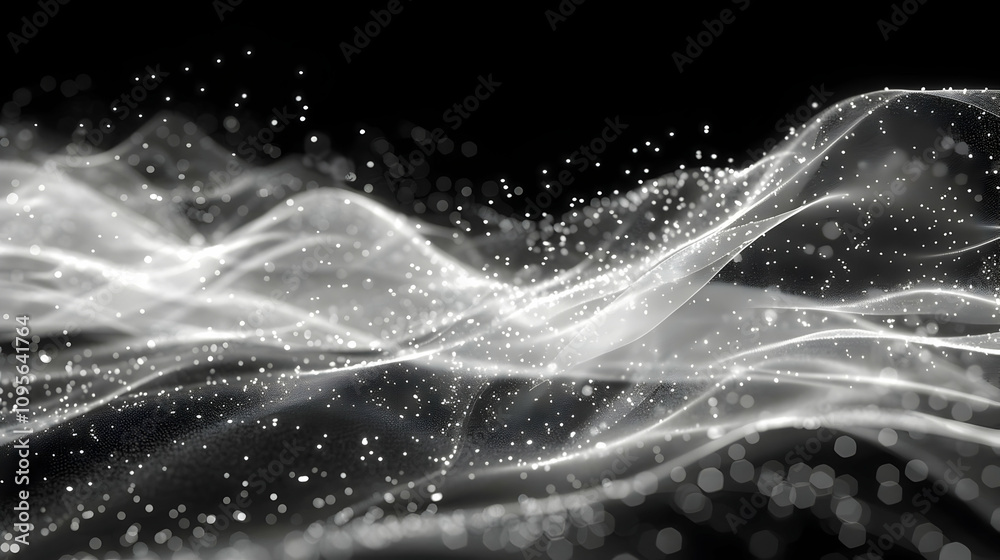 Abstract 3D Black and White Background: Glowing Particle Waves