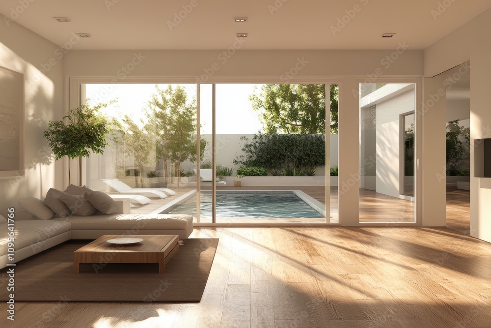 Modern minimalist living room with poolside view and wooden flooring Modern minimalist living room with poolside view and wooden flooring