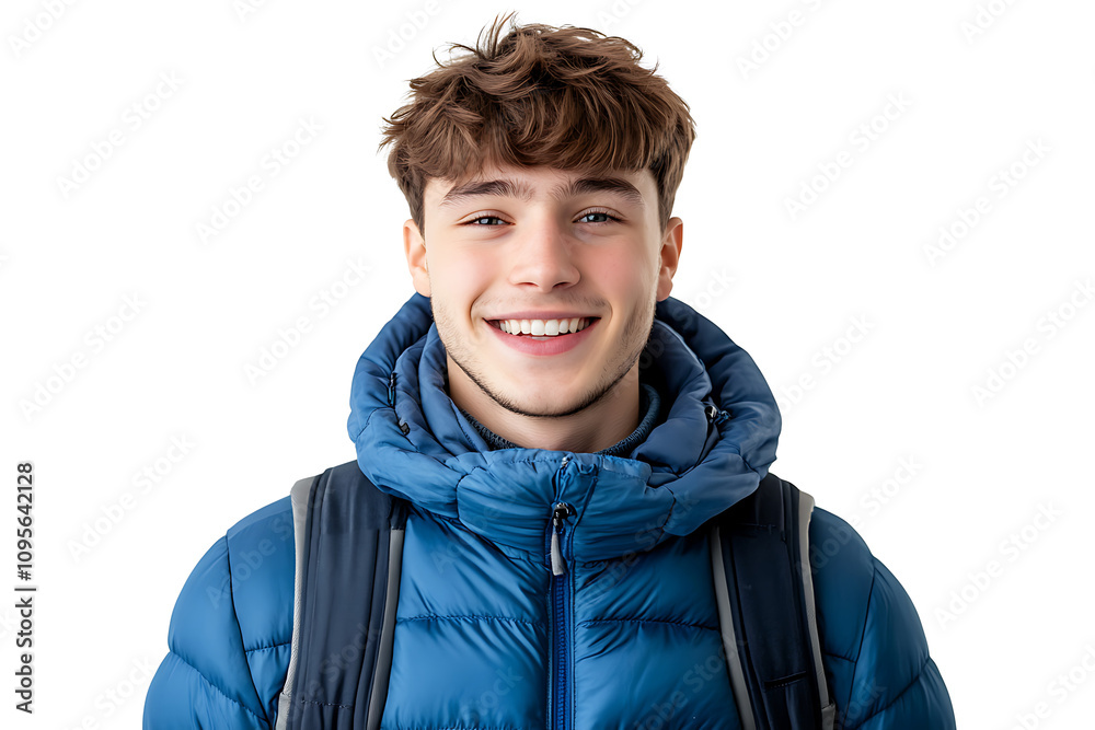 Cheerful student posing in winter attire and smiling against a white backdrop