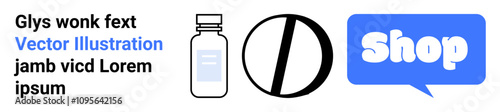 Online pharmacy concept with a blue shop icon and a pill bottle. Ideal for e-commerce, healthcare, digital shopping, pharmaceutical sales, and online services. Banner for landing page