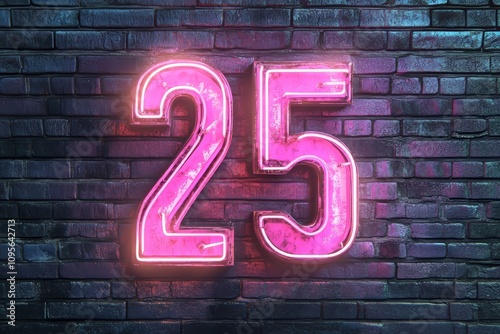 Neon pink number 25 sign glows against vintage brick wall at night photo