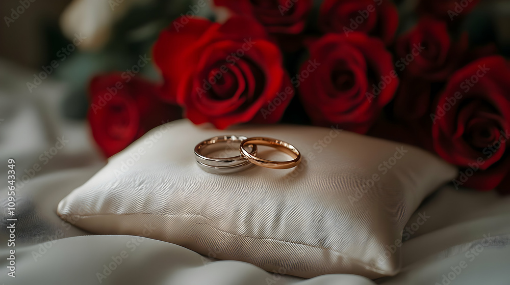 Romantic Wedding Rings on Pillow with Red Roses Illustration