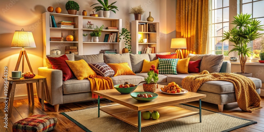 Cozy Living Room Interior of a Sitcom Scene with Colorful Decor, Stylish Furniture, and Charming Accessories, Perfect for Home Decor Inspiration and Creative Designs Cozy Living Room Interior of a Sitcom Scene with Colorful Decor, Stylish Furniture, and Charming Accessories, Perfect for Home Decor Inspiration and Creative Designs