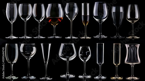 A collection of various glassware, showcasing different shapes and sizes for serving beverages. photo