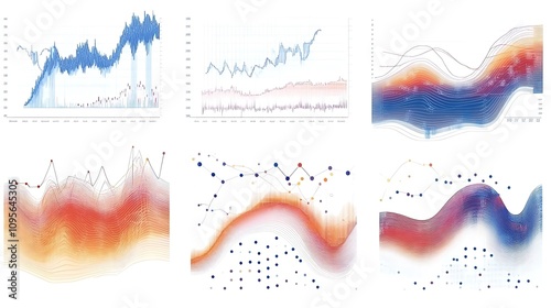 Collection of diverse data visualizations, including line graphs, scatter plots, and 3D surface plots showing trends and patterns. photo