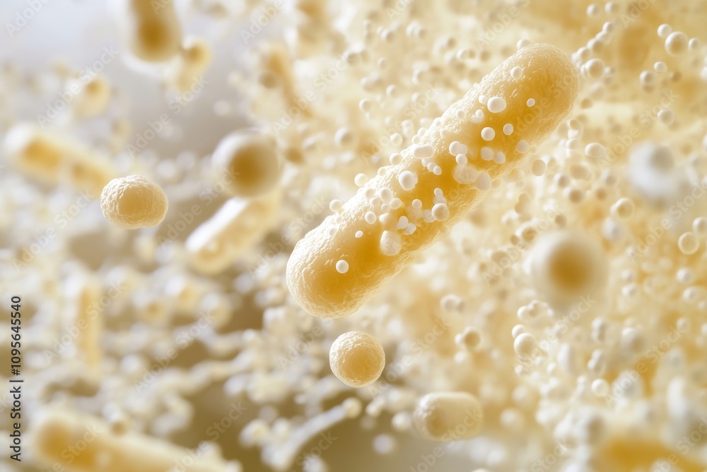 Close-up of yellow bacteria cells floating in a microscopic view Close-up of yellow bacteria cells floating in a microscopic view