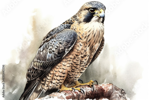 falcon on a stone on a white background., watercolor style  photo