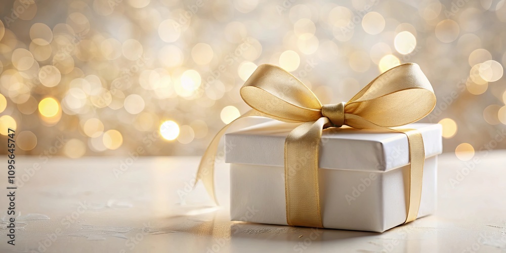 A luxurious white gift box adorned with a golden ribbon, presented against a shimmering background of warm lights. A luxurious white gift box adorned with a golden ribbon, presented against a shimmering background of warm lights.