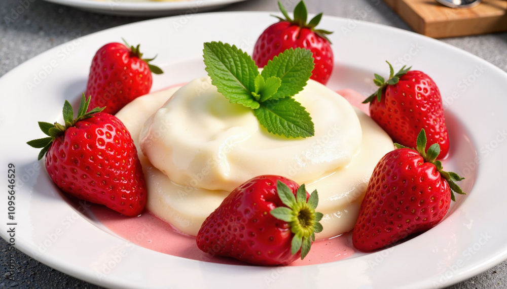 Strawberries with cream and mint garnish on a white plate Strawberries with cream and mint garnish on a white plate