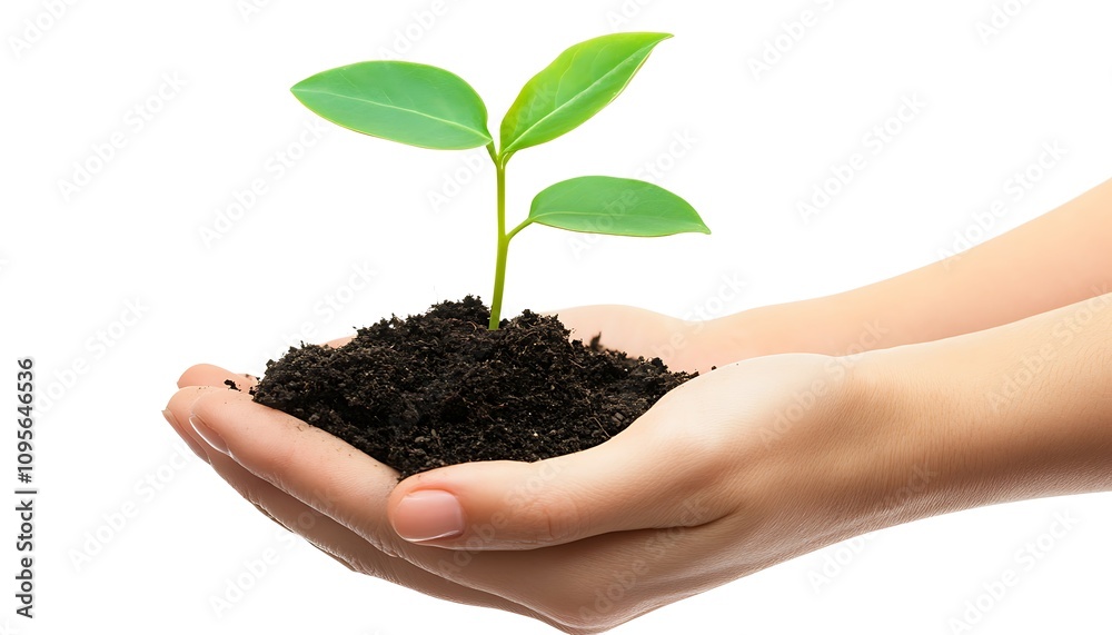 A person's hands holding soil with a small green plant sprouting, symbolizing growth. A person's hands holding soil with a small green plant sprouting, symbolizing growth.