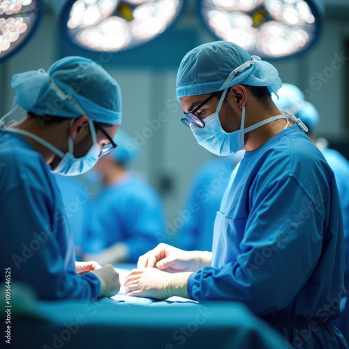 Focused Surgeons Working In Sterile Operating Room With Bright Lights