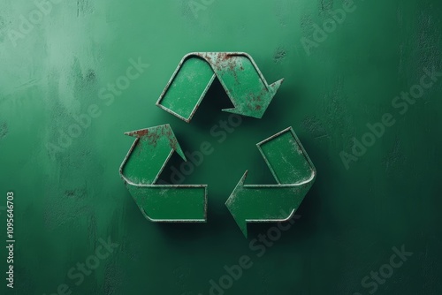 Rusty green recycling symbol on textured wall photo