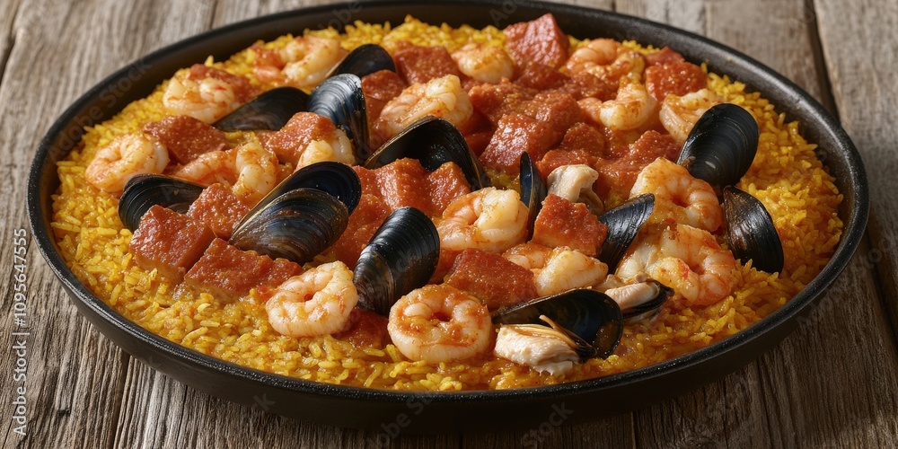 Delectable Spanish Seafood Paella with Shrimp, Mussels, and Chorizo on Rustic Wooden Table - Authentic Mediterranean Culinary Delight with Saffron and Rice Dish Delectable Spanish Seafood Paella with Shrimp, Mussels, and Chorizo on Rustic Wooden Table - Authentic Mediterranean Culinary Delight with Saffron and Rice Dish