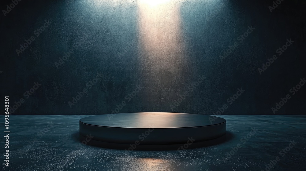 A Circular Platform Illuminated by a Beam of Light in a Dark Room with a Textured Concrete Wall A Circular Platform Illuminated by a Beam of Light in a Dark Room with a Textured Concrete Wall