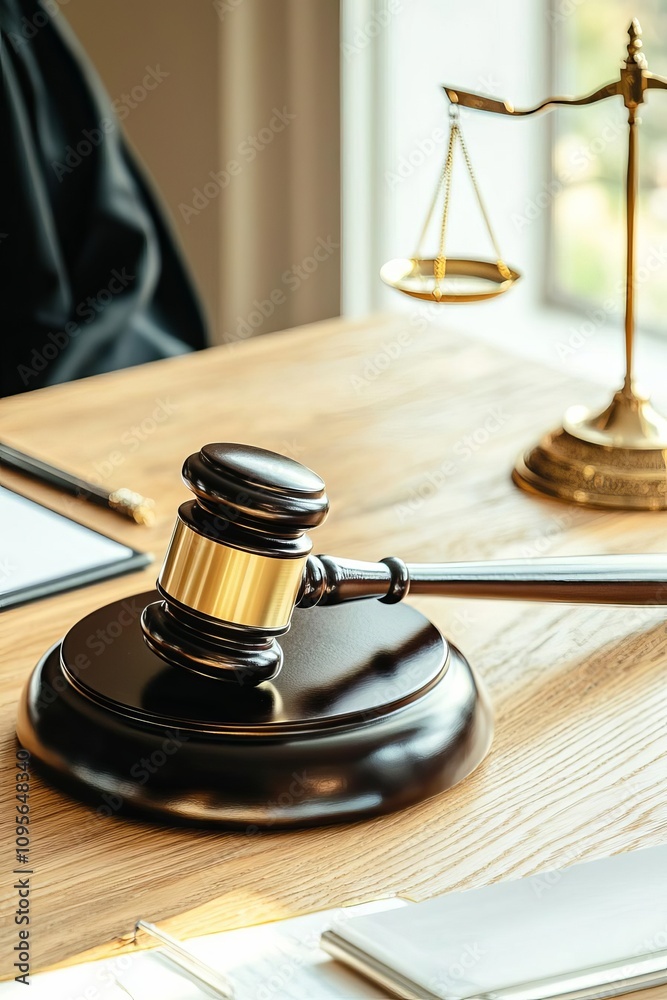 Courtroom Justice Closeup of a Gavel Resting on a Wooden Table Legal Environment Focused Viewpoint Symbolizing Authority