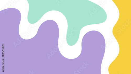 A colorful abstract design featuring flowing shapes in pastel colors, combining purple, green, and yellow against a plain background.