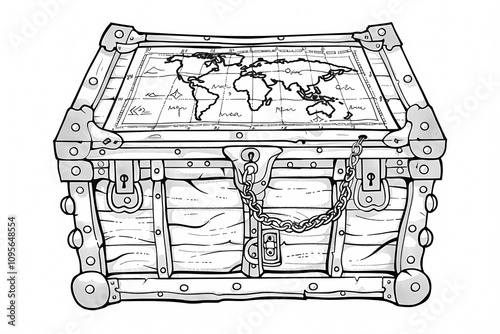 An intricately designed treasure chest featuring a world map, symbolizing adventure and exploration. photo