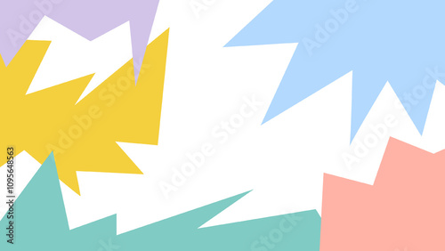 A vibrant abstract composition featuring colorful jagged shapes in pastel hues creating an energetic and playful visual effect.