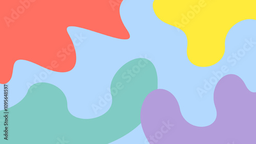 A vibrant, abstract design featuring colorful splashes of red, yellow, green, and purple against a soft blue backdrop.