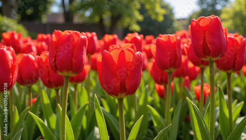 Close-up of vibrant red tulips in a sunlit garden