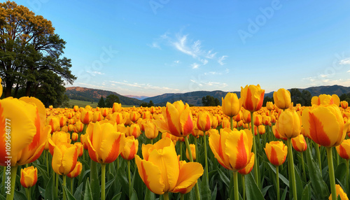 Field of yellow tulips under a clear blue sky in spring