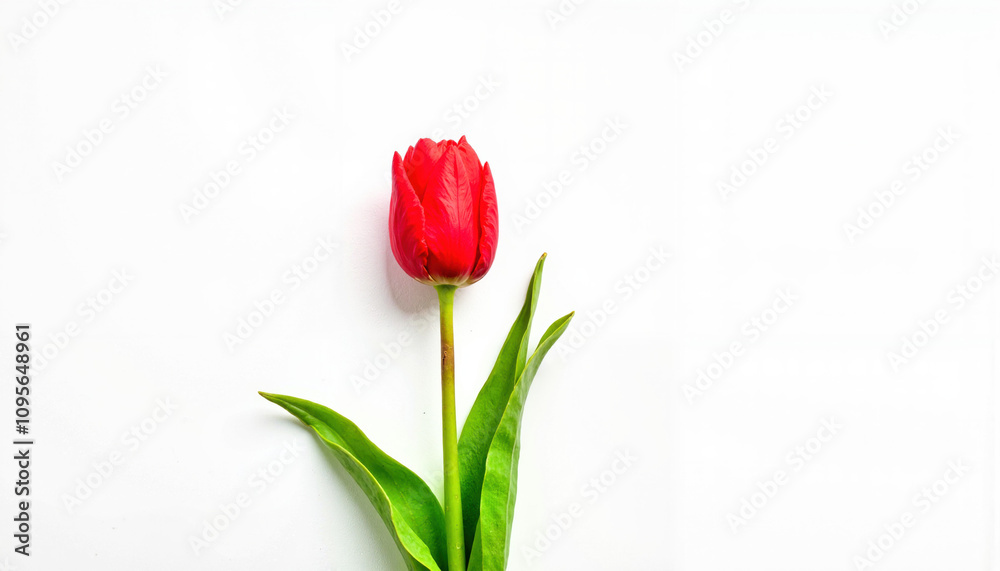 Single red tulip on a minimalist white background Single red tulip on a minimalist white background