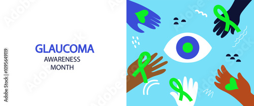 World Glaucoma day abstract banner.  vector flat  hand drawn illustration. Eye and human hands with green ribbon.