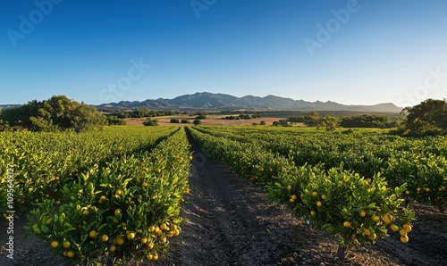 Lemon orchard landscape with mountains photo