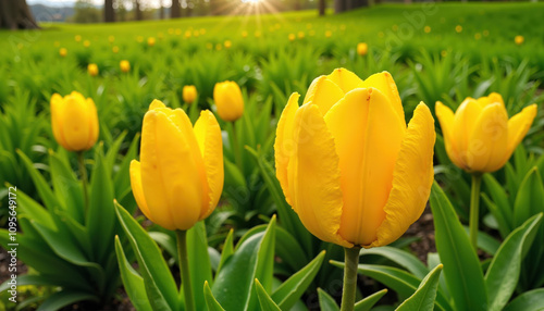 Close-up of yellow tulips blooming in a green field at sunset