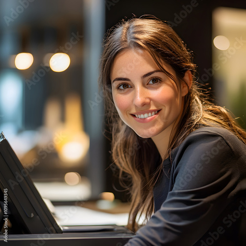 Cheerful receptionist assisting guests at hotel front desk urban setting professional environment warm atmosphere hospitality concept