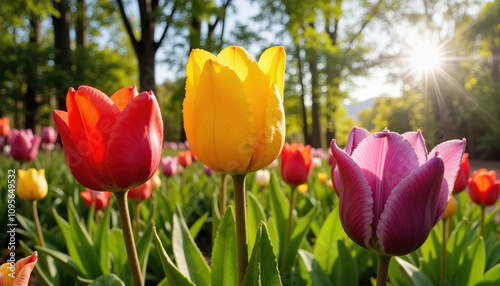 Tulips in vibrant colors blooming in a sunny garden