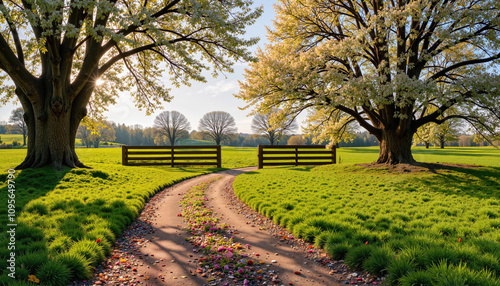 Sunlit countryside path framed by blooming trees and green grass