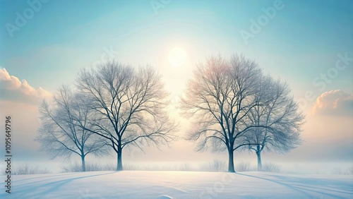 Serene Winter Landscape Two Bare Trees Silhouetted Against a Soft Sunrise Over a Snowy Field