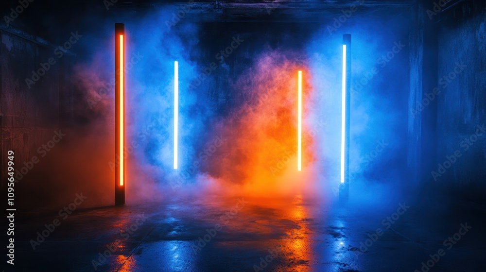 Neon lights in smoky room. Neon lights in smoky room.