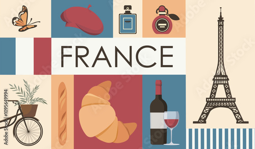 France icons set. Croissant, baguette and wine, red hat and bicycle, cologne, butterfly and french flag. International landmarks. Travel and tourism. Flat vector illustration