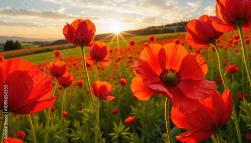 Field of red poppies at sunset in the countryside