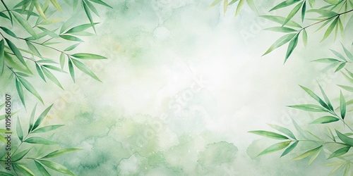 Serene Watercolor Background Featuring Lush Green Foliage Arranged as a Frame
