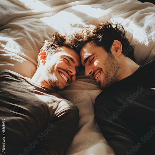 Affectionate moment between a happy gay couple at home intimate bed setting cozy environment warm emotions