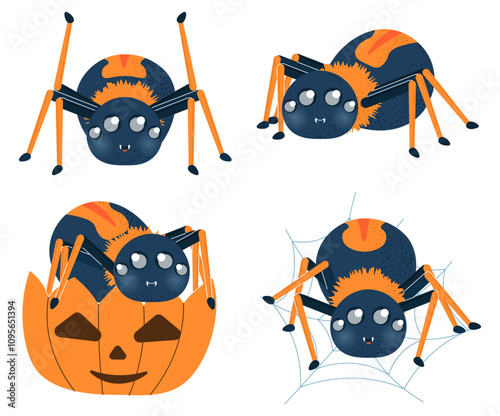 Halloween spiders set. Arachnid with pumpkin. Stickers for social networks. Character for international holiday of fear and horror. Flat vector collection