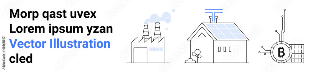 Smart factory with chimneys, solar-powered house with solar panels, and Bitcoin mining setup Ideal for technology, energy, cryptocurrency, smart home, industrial, environmental, blockchain themes
