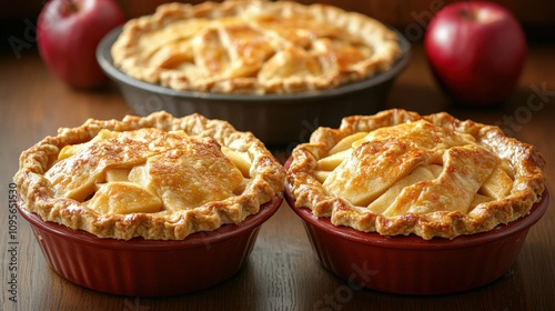 Freshly Baked Apple Pies with Glazed Crust and Red Apples