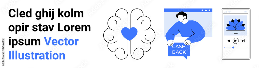 Brain with heart symbol in center, man in blue holding cash back sign, and media player app on mobile screen. Ideal for financial technology, health apps, media players, app development, e-commerce Brain with heart symbol in center, man in blue holding cash back sign, and media player app on mobile screen. Ideal for financial technology, health apps, media players, app development, e-commerce