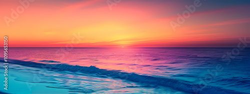 A vibrant sunset over the ocean, painting the sky in shades of pink, orange, and blue, creating a serene and tranquil mood.