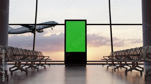Blank billboard in corridor the airport. Useful for your advertising. 3D 4K Animation