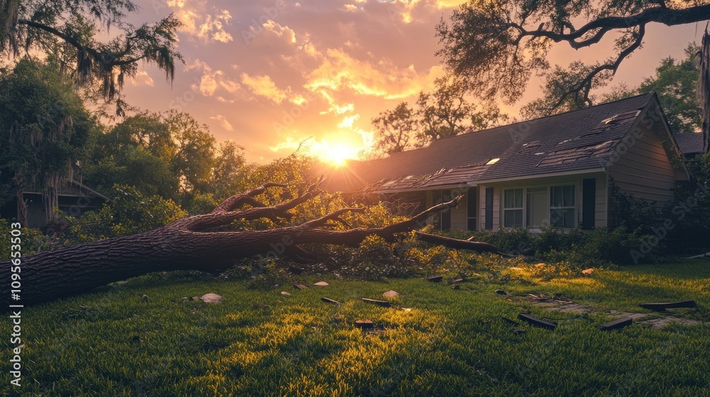Fototapeta premium A tree has fallen on a house
