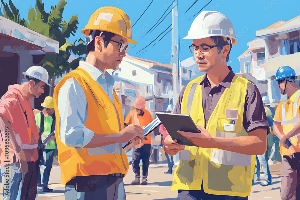 A safety officer conducting a risk assessment at a construction site, inspecting hazards and using a digital tablet for documentation, workers in the background with safety helmets
A safety officer conducting a risk assessment at a construction site, inspecting hazards and using a digital tablet for documentation, workers in the background with safety helmets