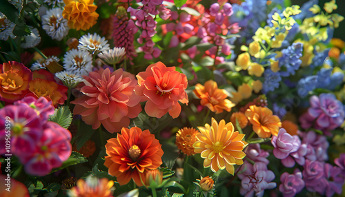 A vibrant display of colorful flowers, showcasing a variety of blooms in hues of red, orange, pink, purple, and yellow, creating a lively atmosphere.