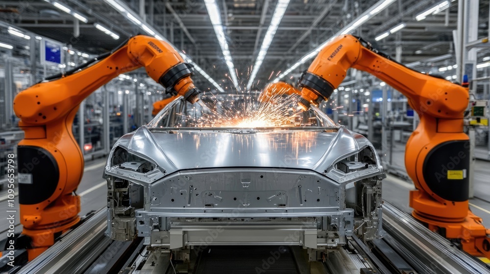 Mechanical innovation: robotic arms in synchronized motion within a factory, fusion of technology and industry, emphasizing automation's power in enhancing productivity and manufacturing excellence. Mechanical innovation: robotic arms in synchronized motion within a factory, fusion of technology and industry, emphasizing automation's power in enhancing productivity and manufacturing excellence.