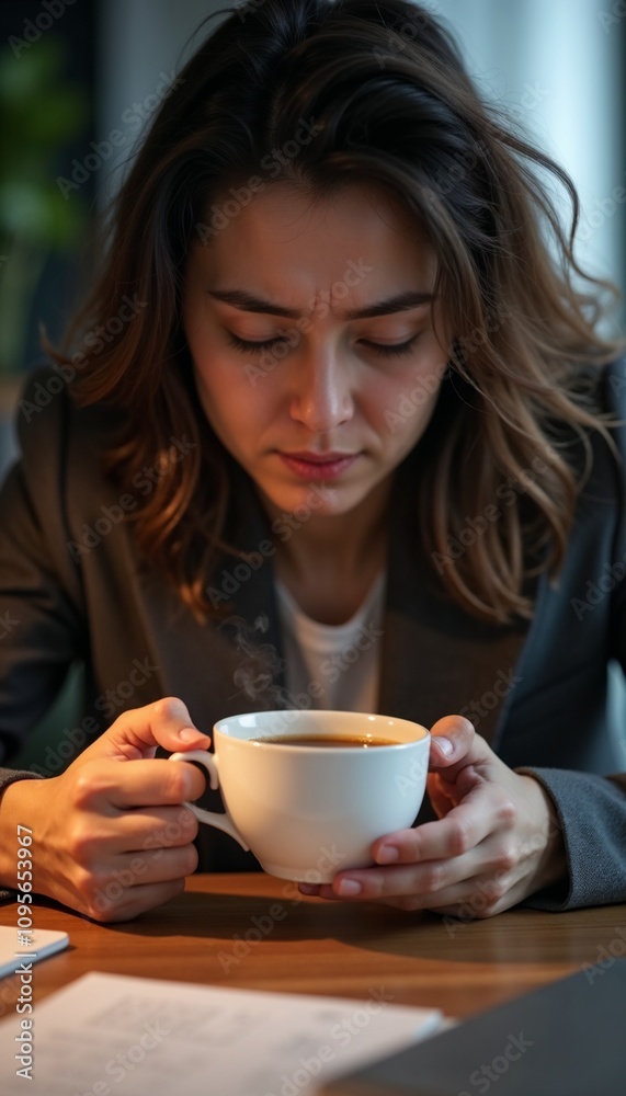 Close-up of an exhausted worker holding a steaming cup of coffee, highlighting stress and relief Close-up of an exhausted worker holding a steaming cup of coffee, highlighting stress and relief