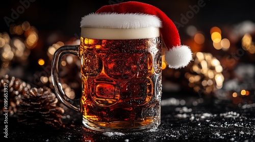 Festive Beer Mug with Santa Hat for Christmas Celebrations photo